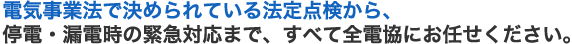 電気事業法で決められている法定点検から、停電・漏電時の緊急対応まで、すべて全電協にお任せください。