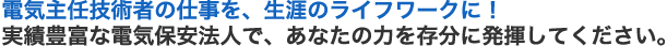 電気主任技術者の仕事を、生涯のライフワークに！実績豊富な電気保安法人で、あなたの力を存分に発揮してください。